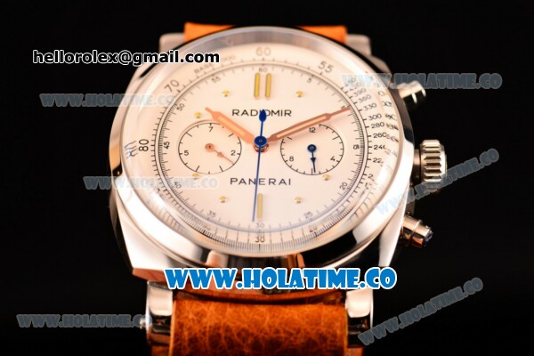 Panerai Radiomir 1940 Chronograph Platino PAM 518 Asia Automatic Steel Case with White Dial Dot Markers and Orange Leather Strap - Click Image to Close