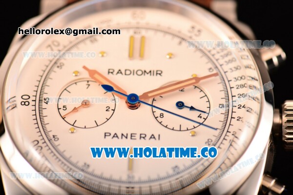 Panerai Radiomir 1940 Chronograph Platino PAM 518 Asia Automatic Steel Case with White Dial Dot Markers and Brown Rubber Strap - Click Image to Close