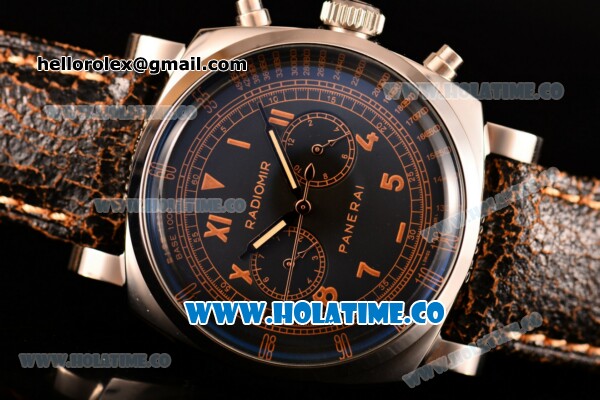 Panerai Radiomir 1940 Chronograph Bianco PAM 521 Asia Automatic Steel Case with Black Dial Roman Numeral Markers and Brown Leather Strap - Click Image to Close