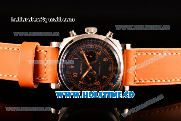 Panerai Radiomir 1940 Chronograph Bianco PAM 521 Asia Automatic Steel Case with Black Dial Roman Numeral Markers and Orange Leather Strap - Click Image to Close