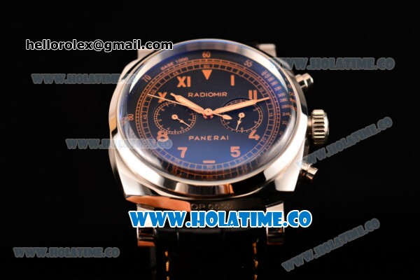 Panerai Radiomir 1940 Chronograph Bianco PAM 521 Asia Automatic Steel Case with Black Dial Black Leather Strap and Roman Numeral Markers - Click Image to Close