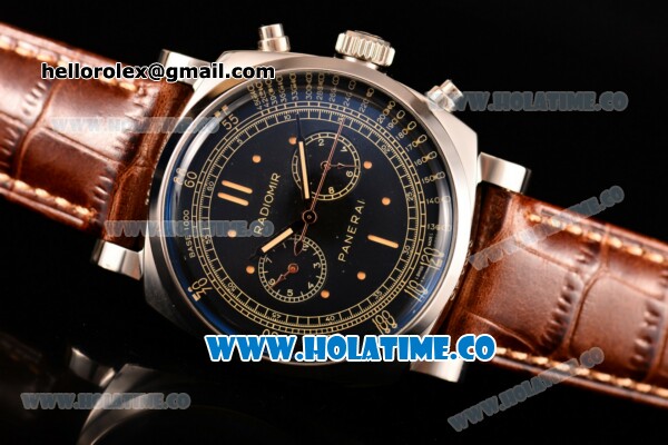 Panerai Radiomir 1940 Chronograph ORO Branco PAM 520 Asia Automatic Steel Case with Black Dial Brown Leather Strap and Dot Markers - Click Image to Close