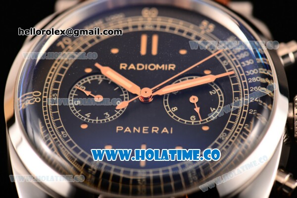 Panerai Radiomir 1940 Chronograph ORO Branco PAM 520 Asia Automatic Steel Case with Black Dial Brown Leather Strap and Dot Markers - Click Image to Close