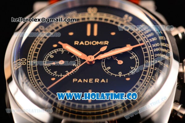 Panerai Radiomir 1940 Chronograph ORO Branco PAM 520 Asia Automatic Steel Case with Black Dial and Brown Leather Strap - Click Image to Close