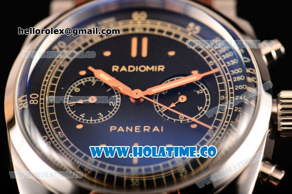 Panerai Radiomir 1940 Chronograph ORO Branco PAM 520 Asia Automatic Steel Case with Black Dial Dot Markers and Brown Rubber Strap - Click Image to Close