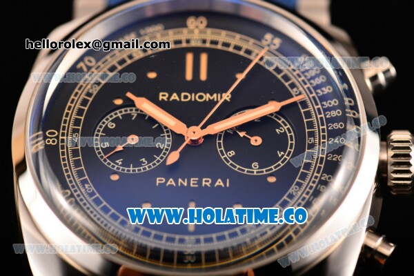 Panerai Radiomir 1940 Chronograph ORO Branco PAM 520 Asia Automatic Steel Case with Black Dial Dot Markers and Blue Rubber Strap - Click Image to Close