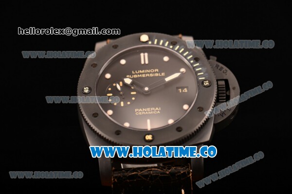 Panerai PAM 508 P Luminor Submersible Clone Panerai P.9000 Automatic Ceramic Case with Black Dial and Brown Leather Strap (ZF) - Click Image to Close