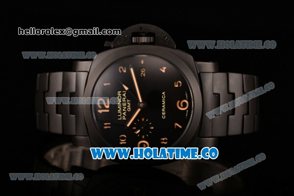 Panerai PAM 438 O Luminor GMT Clone Panerai P.9000 Automatic Full Ceramic Case with Black Dial and Arabic Numeral Markers (ZF) - Click Image to Close