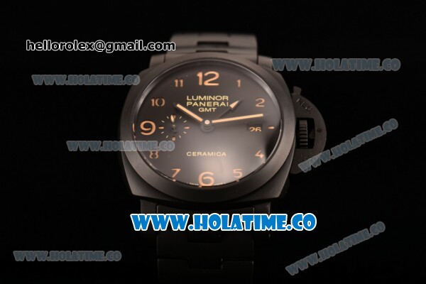 Panerai PAM 438 O Luminor GMT Clone Panerai P.9000 Automatic Full Ceramic Case with Black Dial and Arabic Numeral Markers (ZF) - Click Image to Close