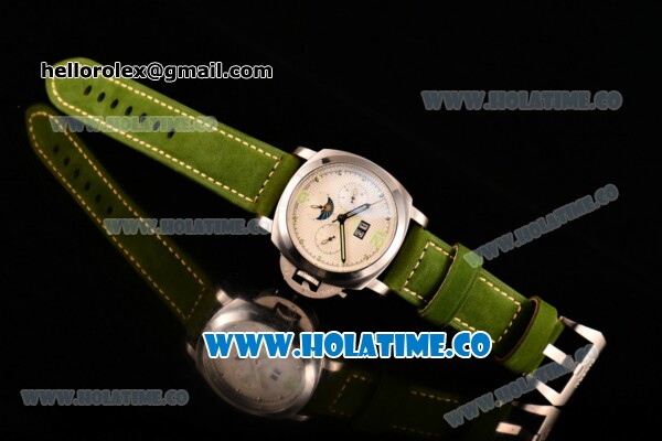 Panerai PAM 595 Luminor Vintage Moon Phase Asia Automatic Steel Case with White Dial and Green Leather Strap - Click Image to Close