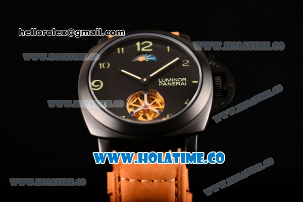 Panerai PAM 765 Firenze 1860 Asia Automatic PVD Case with Green Arabic Numeral Markers Black Dial and Brown Leather Strap - Click Image to Close