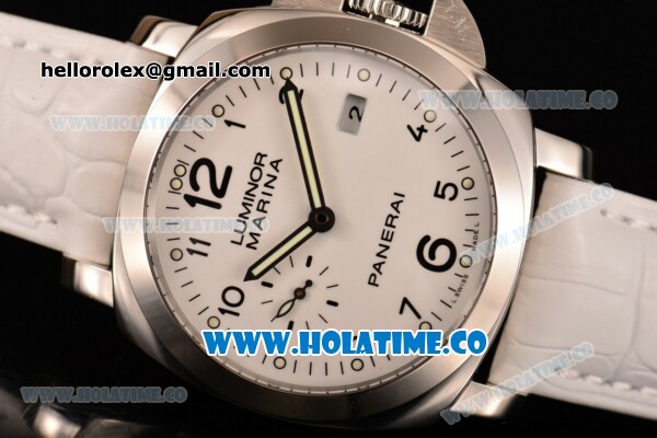Panerai Luminor Marina 1950 3 Days PAM 499 Clone Panerai P.9000 Automatic Steel Case with White Dial Black Arabic Numeral Markres and White Leather Strap (ZF) - Click Image to Close