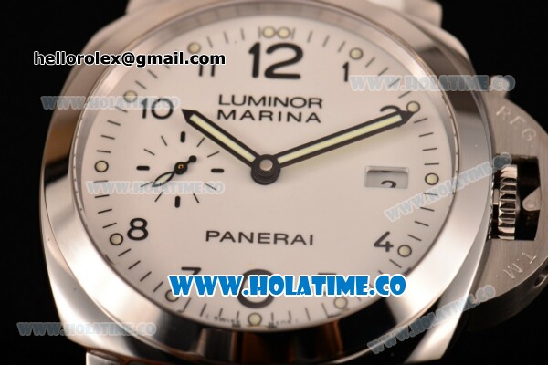 Panerai Luminor Marina 1950 3 Days PAM 499 Clone Panerai P.9000 Automatic Steel Case with White Dial Black Arabic Numeral Markres and White Leather Strap (ZF) - Click Image to Close