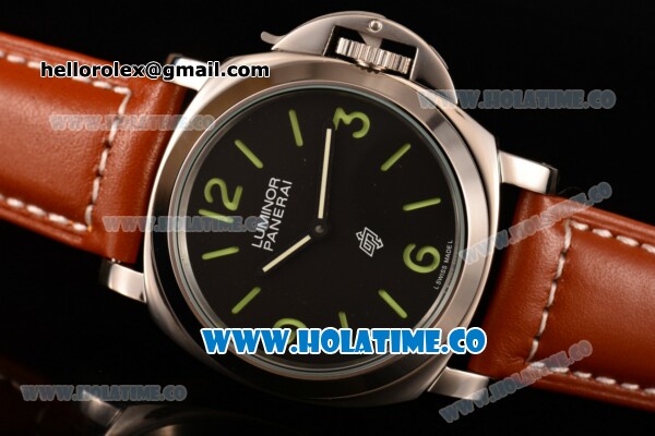Panerai Luminor Pam 000 Logo Asia 6497 Manual Winding Movement Steel Case with Black Dial and Brown Leather Strap - Click Image to Close