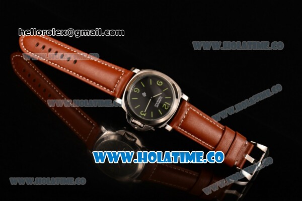 Panerai Luminor Pam 000 Logo Asia 6497 Manual Winding Movement Steel Case with Black Dial and Brown Leather Strap - Click Image to Close