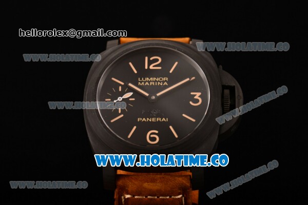 Panerai Luminor Marina Beverly Hills Boutique Edition PAM 416 Swiss ETA 6497 Manual Winding Carbon Fiber Case with Black Dial Brown Leather Strap and Yellow Stick/Arabic Numeral Markers (H) - Click Image to Close