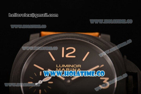 Panerai Luminor Marina Beverly Hills Boutique Edition PAM 416 Swiss ETA 6497 Manual Winding Carbon Fiber Case with Black Dial Brown Leather Strap and Yellow Stick/Arabic Numeral Markers (H) - Click Image to Close