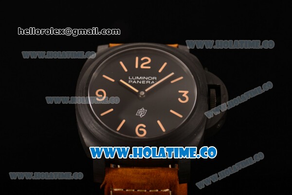 Panerai Luminor Base Logo PAM 360 Swiss ETA 6497 Manual Winding Carbon Fiber Case with Black Dial Brown Leather Strap and Yellow Stick/Arabic Numeral Markers (H) - Click Image to Close