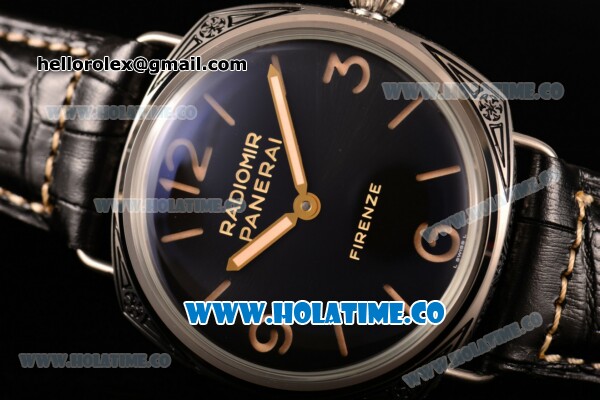 Panerai PAM 604 Radiomir Firenze 3 Days Asia 6497 Manual Winding Steel Case with Black Dial and Stick/Arabic Numeral Markers - Black Leather Strap - Click Image to Close