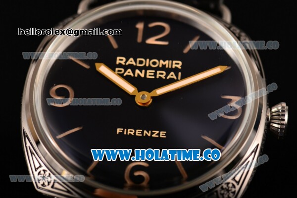 Panerai PAM 604 Radiomir Firenze 3 Days Asia 6497 Manual Winding Steel Case with Black Dial and Stick/Arabic Numeral Markers - Black Leather Strap - Click Image to Close
