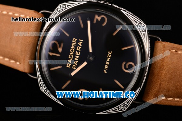 Panerai PAM 604 Radiomir Firenze 3 Days Asia 6497 Manual Winding PVD Case with Black Dial and Brown Leather Strap - Stick/Arabic Numeral Markers - Click Image to Close