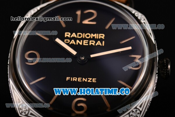 Panerai PAM 604 Radiomir Firenze 3 Days Asia 6497 Manual Winding PVD Case with Black Dial and Brown Leather Strap - Stick/Arabic Numeral Markers - Click Image to Close