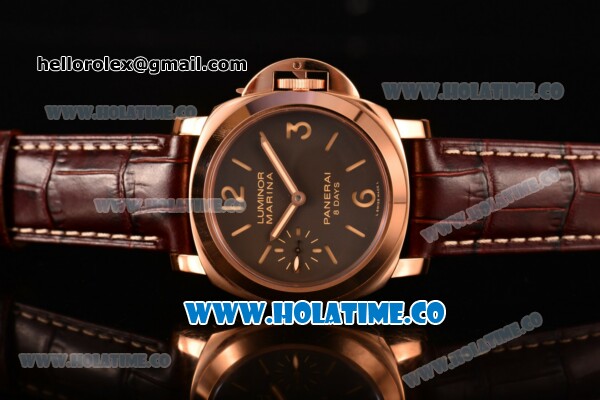 Panerai Luminor Marina 8 Days ORO ROSSO PAM00511 Clone P.5000 Manual Winding Rose Gold Case with Coffee Dial and Brown Leather Strap - Stick/Arabic Numeral Markers - 1:1 Original - Click Image to Close
