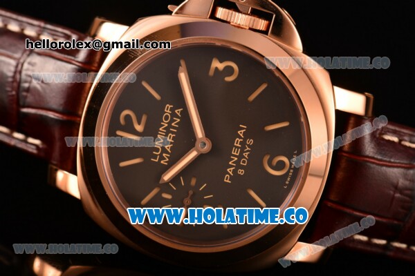 Panerai Luminor Marina 8 Days ORO ROSSO PAM00511 Clone P.5000 Manual Winding Rose Gold Case with Coffee Dial and Brown Leather Strap - Stick/Arabic Numeral Markers - 1:1 Original - Click Image to Close