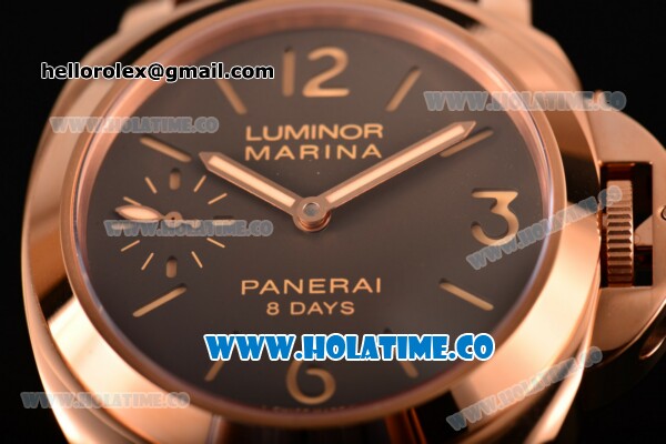 Panerai Luminor Marina 8 Days ORO ROSSO PAM00511 Clone P.5000 Manual Winding Rose Gold Case with Coffee Dial and Brown Leather Strap - Stick/Arabic Numeral Markers - 1:1 Original - Click Image to Close