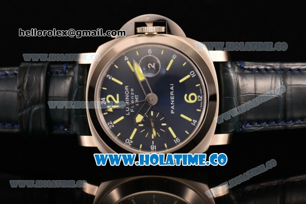 Panerai PAM 228 Luminor Firenze GMT Swiss Valjoux 7750 Automatic Steel Case with Blue Dial and Leather Strap - Superlumed Sitck Markers (H) - Click Image to Close
