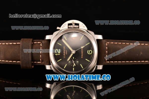 Panerai Luminor 1950 3 Days GMT Clone P.9000 Automatic Steel Case with Black Dial and Brown Leather Strap - Green Markers (KW) - Click Image to Close