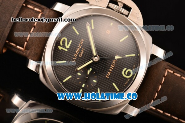 Panerai Luminor 1950 3 Days GMT Clone P.9000 Automatic Steel Case with Black Dial and Brown Leather Strap - Green Markers (KW) - Click Image to Close