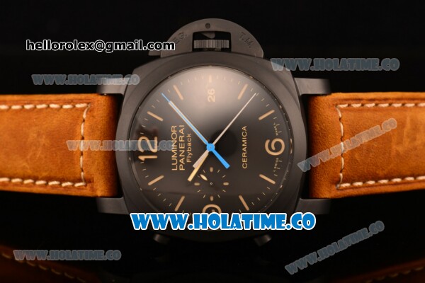 Panerai Luminor 1950 3 Days Chrono Flyback Automatic Ceramica PAM 580 Clone P.9000 Automatic Ceramic Case with Black Dial and Stick/Arabic Numeral Markers (KW) - Click Image to Close