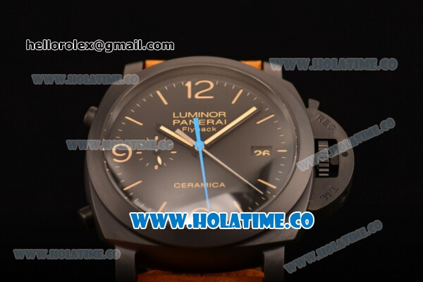 Panerai Luminor 1950 3 Days Chrono Flyback Automatic Ceramica PAM 580 Clone P.9000 Automatic Ceramic Case with Black Dial and Stick/Arabic Numeral Markers (KW) - Click Image to Close