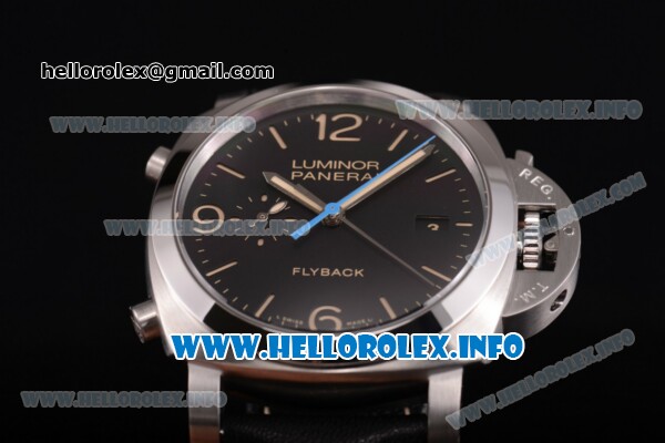 Panerai PAM 524 Luminor 1950 Chrono Flyback Clone P.9000 Automatic Steel Case with Black Dial and Yellow Stick/Arabic Numeral Markers - 1:1 Original (KW) - Click Image to Close