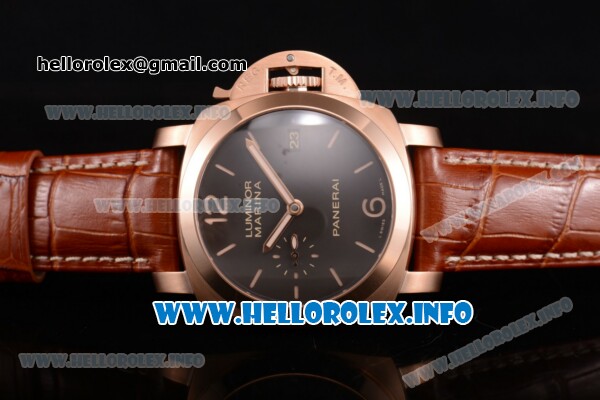 Panerai PAM 393 Luminer Marina Clone P.9000 Automatic Rose Gold Case with Black Dial and Yellow Stick/Arabic Numeral Markers - 1:1 Original (ZF) - Click Image to Close