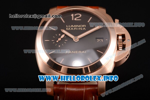 Panerai PAM 393 Luminer Marina Clone P.9000 Automatic Rose Gold Case with Black Dial and Yellow Stick/Arabic Numeral Markers - 1:1 Original (ZF) - Click Image to Close