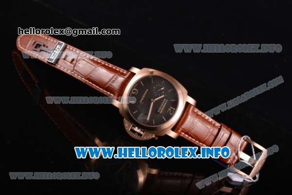 Panerai PAM 393 Luminer Marina Clone P.9000 Automatic Rose Gold Case with Black Dial and Yellow Stick/Arabic Numeral Markers - 1:1 Original (ZF) - Click Image to Close