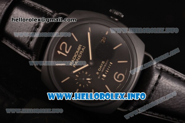 Panerai PAM 384 Radiomir Black Seal Clone P.3000 Manual Winding Real Ceramic Case with Black Dial Leather Strap and Stick/Arabic Numeral Markers (KW) - Click Image to Close