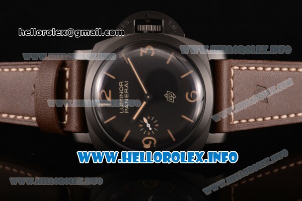 Panerai PAM 617 Luminor 1950 3 Days Clone P.3000 Manual Winding PVD Case with Black Dial Brown Leather Strap and Stick/Arabic Numeral Markers (ZF) - Click Image to Close