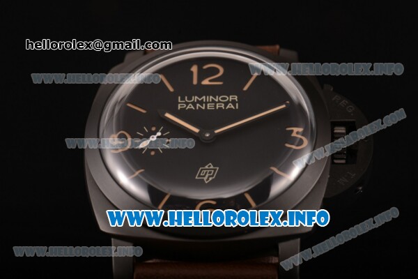 Panerai PAM 617 Luminor 1950 3 Days Clone P.3000 Manual Winding PVD Case with Black Dial Brown Leather Strap and Stick/Arabic Numeral Markers (ZF) - Click Image to Close