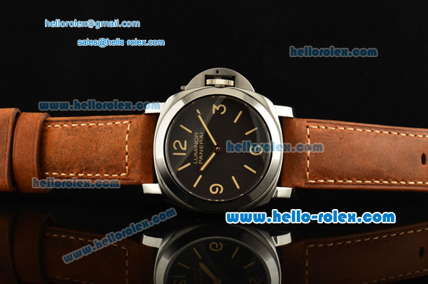 Panerai Luminor Base Special Edition PAM 390 Swiss ETA 6497 Manual Winding Steel Case with Brown Leather Strap Black Dial and Numeral Markers - Click Image to Close