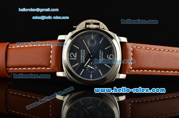 Panerai Luminor Marina PAM 00282 Automatic Movement Steel Case with Blue Dial Green Stick Markers and Brown Leather Strap - Click Image to Close