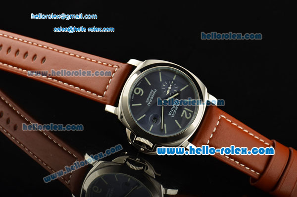 Panerai Luminor Marina PAM 00282 Automatic Movement Steel Case with Blue Dial Green Stick Markers and Brown Leather Strap - Click Image to Close