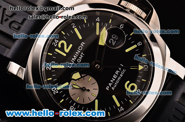 Panerai Luminor GMT PAM00088 Swiss Valjoux 7750-SHG-MD Black Dial with Green Stick/Numeral Markers and Black Rubber Strap - 1:1 Original - Click Image to Close