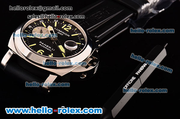 Panerai Luminor GMT PAM00088 Swiss Valjoux 7750-SHG-MD Black Dial with Green Stick/Numeral Markers and Black Rubber Strap - 1:1 Original - Click Image to Close