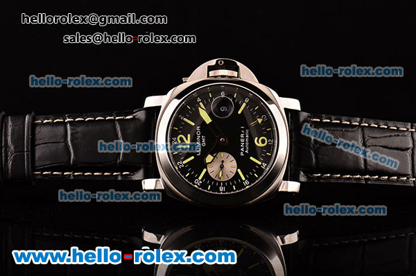 Panerai Luminor GMT PAM00088 Swiss Valjoux 7750-SHG-MD Black Dial with Green Stick/Numeral Markers and Black Leather Strap - 1:1 Original - Click Image to Close