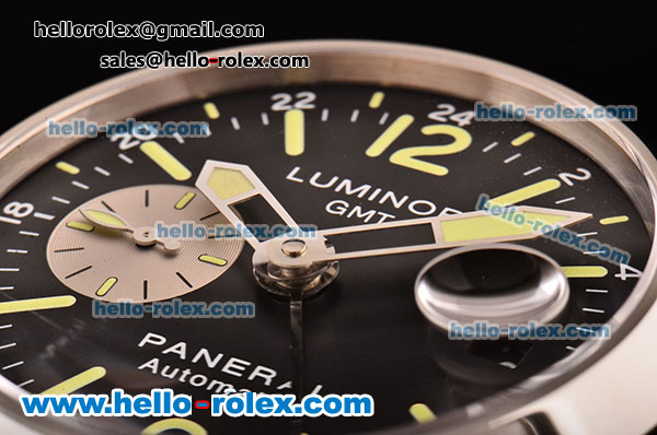 Panerai Luminor GMT PAM00088 Swiss Valjoux 7750-SHG-MD Black Dial with Green Stick/Numeral Markers and Black Leather Strap - 1:1 Original - Click Image to Close