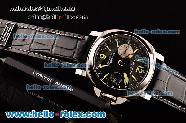 Panerai Luminor GMT PAM00088 Swiss Valjoux 7750-SHG-MD Black Dial with Green Stick/Numeral Markers and Black Leather Strap - 1:1 Original - Click Image to Close