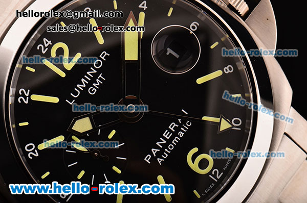 Panerai Luminor GMT PAM00088 Swiss Valjoux 7750-SHG-MD Black Dial with Green Stick/Numeral Markers and Stainless Steel Strap - 1:1 Original - Click Image to Close